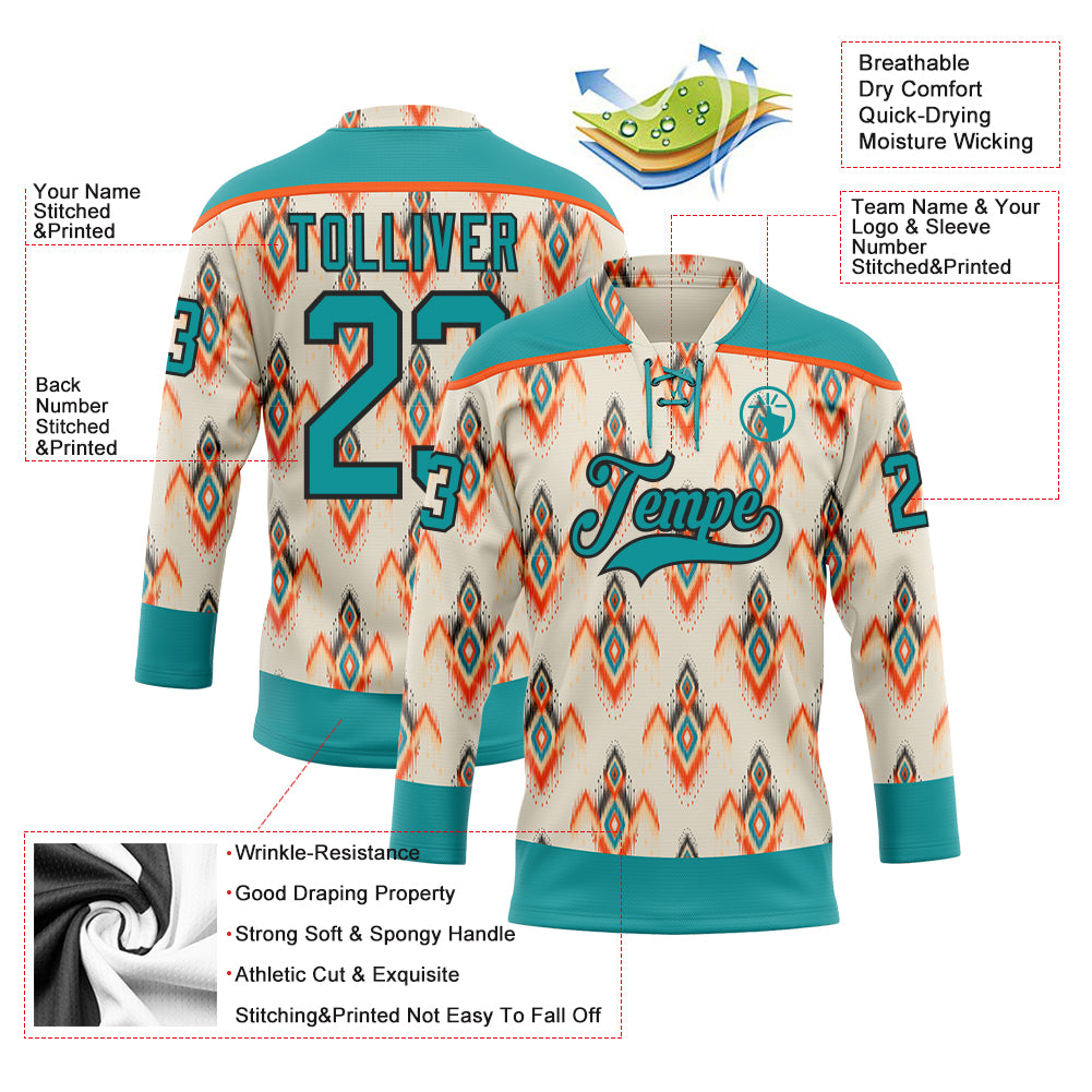 Custom Cream Teal Orange-Black 3D Pattern Native Americans Tribal Indigenous People Hockey Lace Neck Jersey