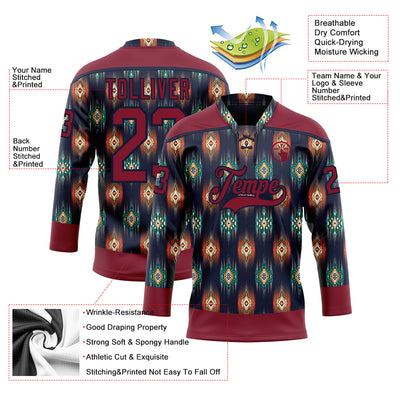 Custom Navy Crimson 3D Pattern Native Americans Tribal Indigenous People Hockey Lace Neck Jersey