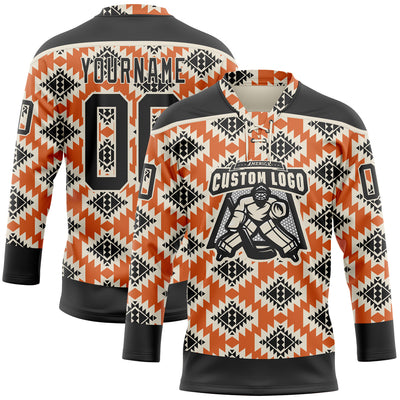 Custom Black Orange-Cream 3D Pattern Native Americans Tribal Indigenous People Hockey Lace Neck Jersey