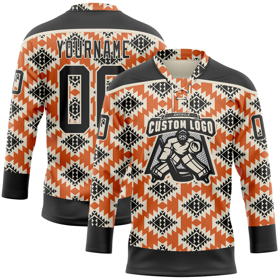 Custom Black Orange-Cream 3D Pattern Native Americans Tribal Indigenous People Hockey Lace Neck Jersey