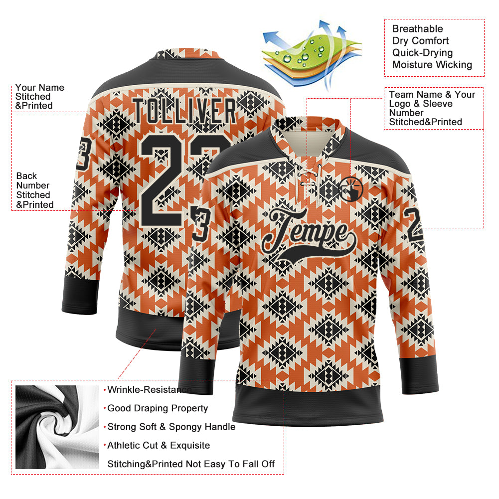 Custom Black Orange-Cream 3D Pattern Native Americans Tribal Indigenous People Hockey Lace Neck Jersey