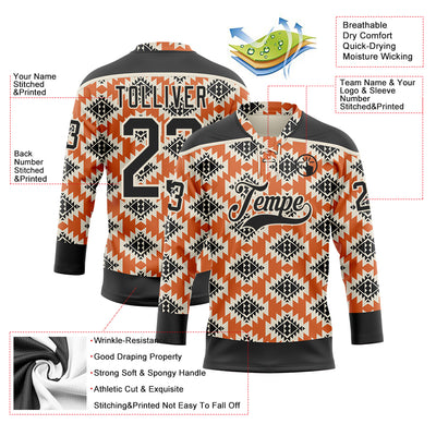Custom Black Orange-Cream 3D Pattern Native Americans Tribal Indigenous People Hockey Lace Neck Jersey