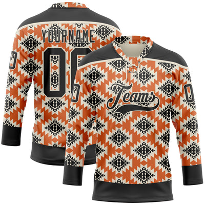 Custom Black Orange-Cream 3D Pattern Native Americans Tribal Indigenous People Hockey Lace Neck Jersey