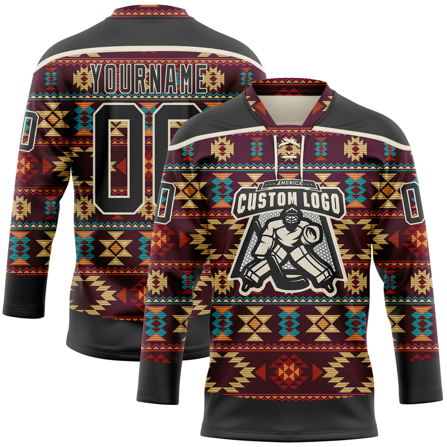 Custom Black Cream 3D Pattern Native Americans Tribal Indigenous People Hockey Lace Neck Jersey