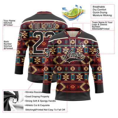 Custom Black Cream 3D Pattern Native Americans Tribal Indigenous People Hockey Lace Neck Jersey