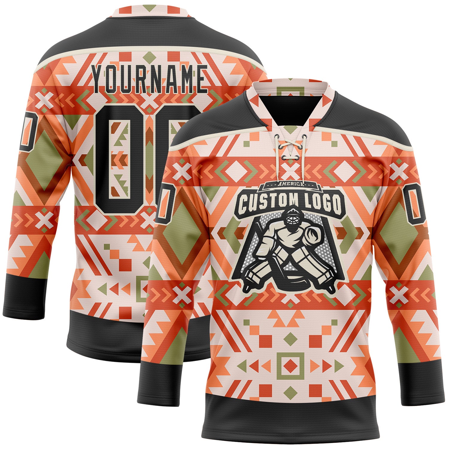 Custom Cream Black-Orange 3D Pattern Native Americans Tribal Indigenous People Hockey Lace Neck Jersey