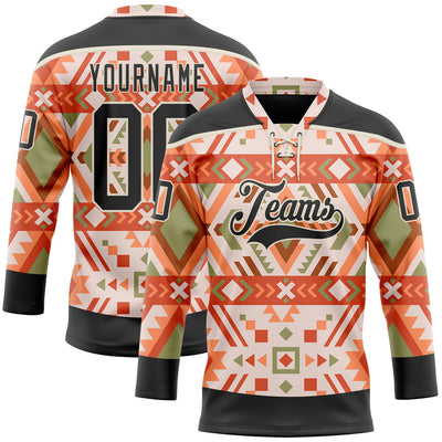 Custom Cream Black-Orange 3D Pattern Native Americans Tribal Indigenous People Hockey Lace Neck Jersey
