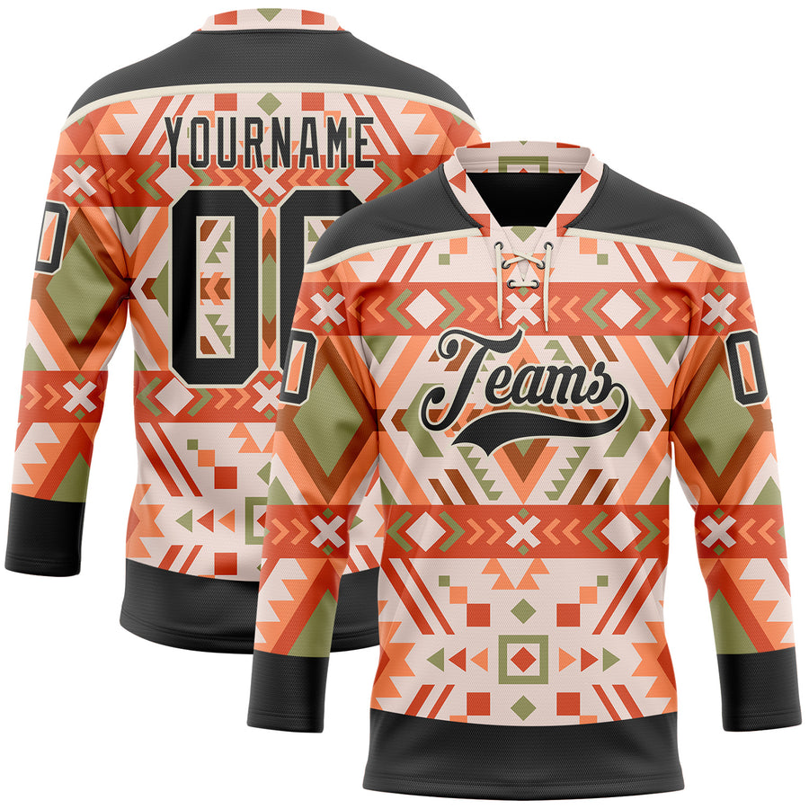 Custom Cream Black-Orange 3D Pattern Native Americans Tribal Indigenous People Hockey Lace Neck Jersey