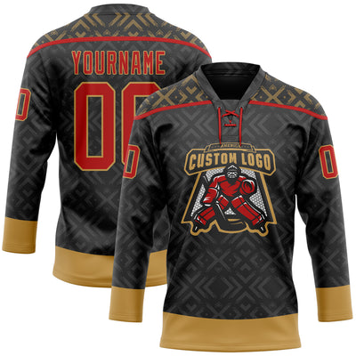 Custom Black Red-Old Gold 3D Pattern Native Americans Tribal Indigenous People Hockey Lace Neck Jersey