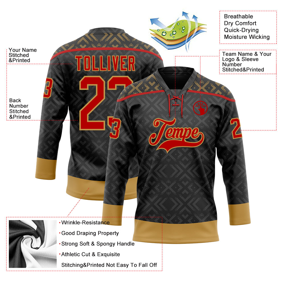 Custom Black Red-Old Gold 3D Pattern Native Americans Tribal Indigenous People Hockey Lace Neck Jersey
