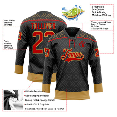 Custom Black Red-Old Gold 3D Pattern Native Americans Tribal Indigenous People Hockey Lace Neck Jersey