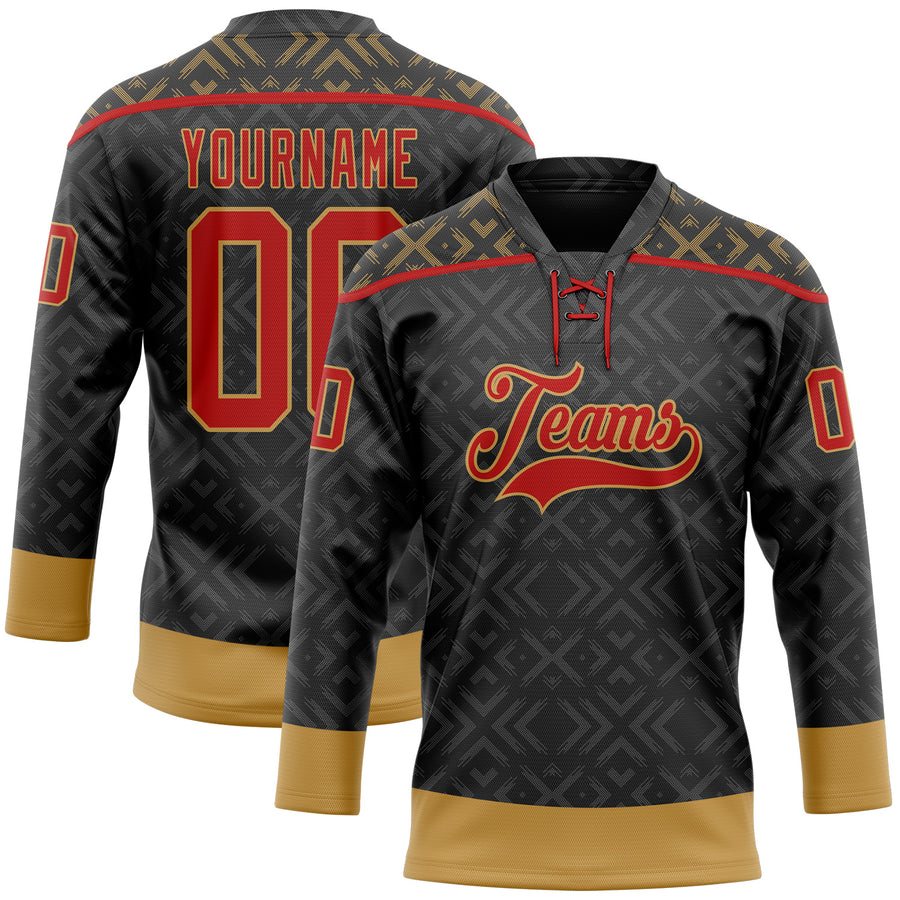 Custom Black Red-Old Gold 3D Pattern Native Americans Tribal Indigenous People Hockey Lace Neck Jersey