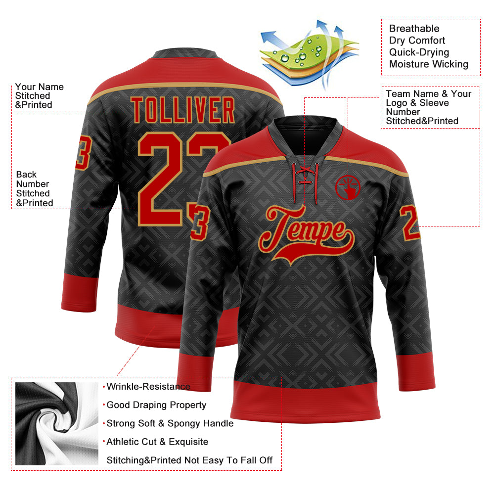 Custom Black Red-Old Gold 3D Pattern Native Americans Tribal Indigenous People Hockey Lace Neck Jersey