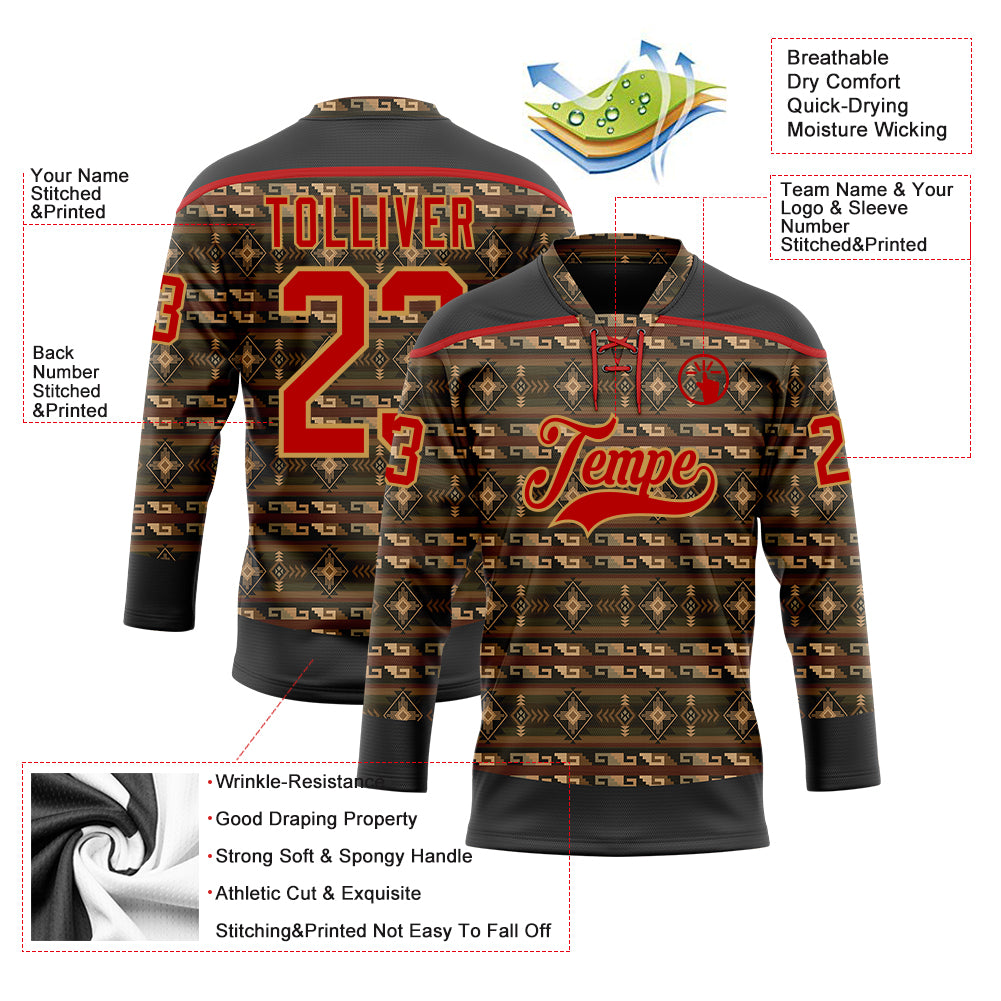 Custom Black Red-Old Gold 3D Pattern Native Americans Tribal Indigenous People Hockey Lace Neck Jersey