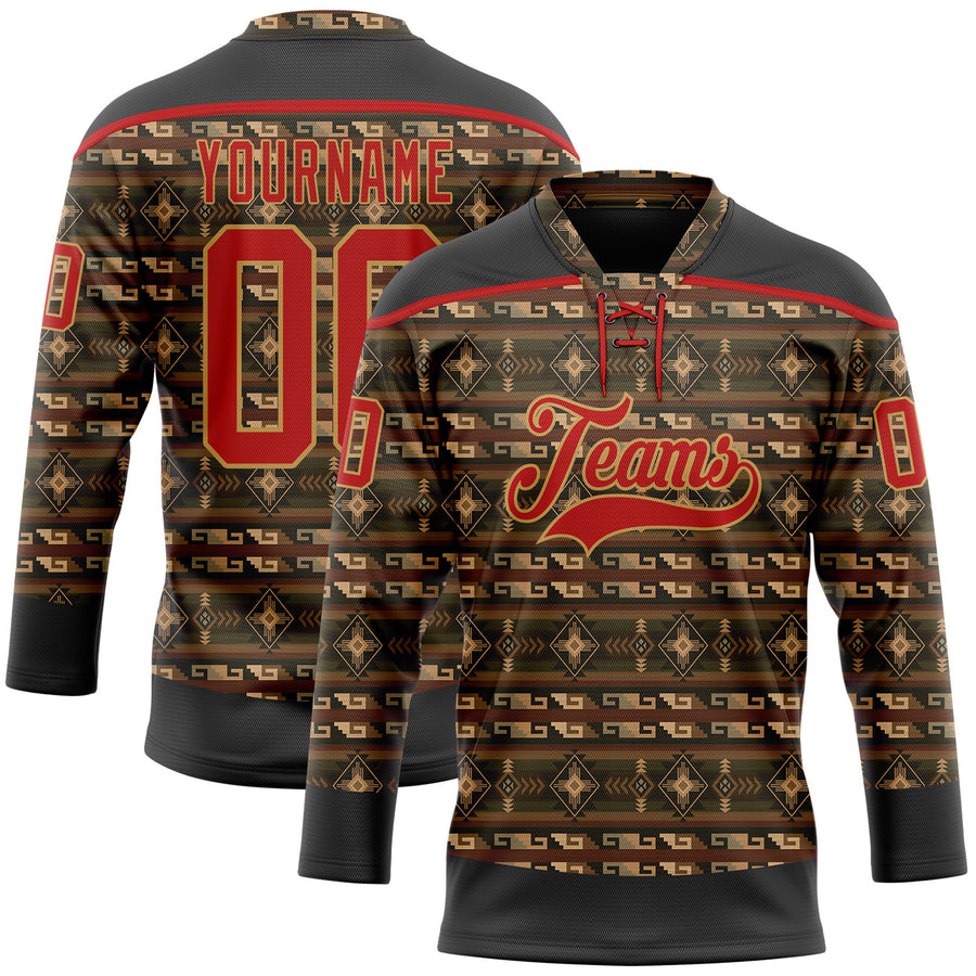 Custom Black Red-Old Gold 3D Pattern Native Americans Tribal Indigenous People Hockey Lace Neck Jersey