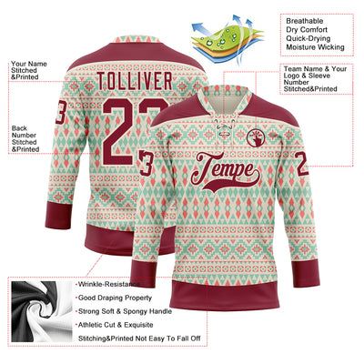 Custom Cream Crimson 3D Pattern Native Americans Tribal Indigenous People Hockey Lace Neck Jersey
