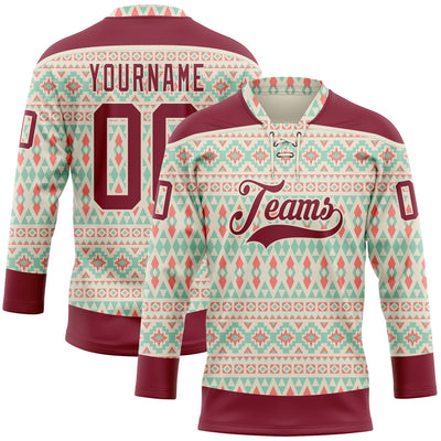 Custom Cream Crimson 3D Pattern Native Americans Tribal Indigenous People Hockey Lace Neck Jersey