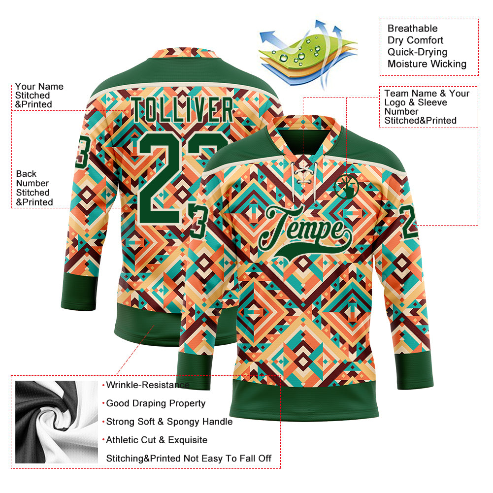 Custom Green Cream 3D Pattern Native Americans Tribal Indigenous People Hockey Lace Neck Jersey