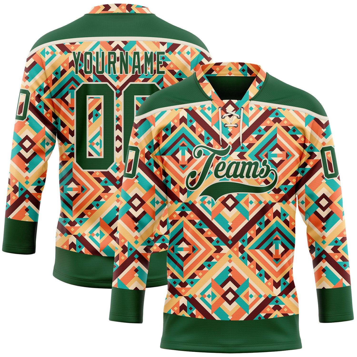 Custom Green Cream 3D Pattern Native Americans Tribal Indigenous People Hockey Lace Neck Jersey