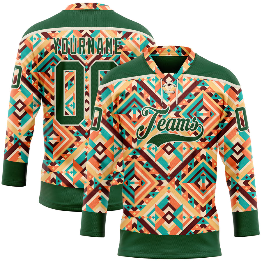 Custom Green Cream 3D Pattern Native Americans Tribal Indigenous People Hockey Lace Neck Jersey