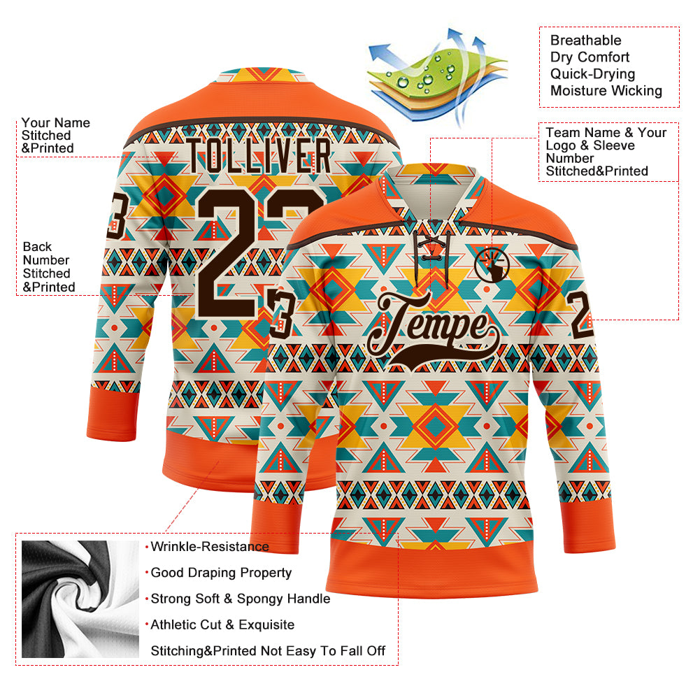Custom Cream Brown-Orange 3D Pattern Native Americans Tribal Indigenous People Hockey Lace Neck Jersey