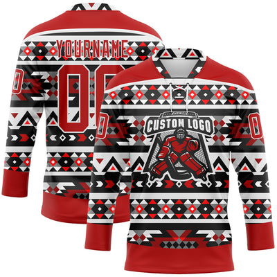 Custom Red Black-White 3D Pattern Native Americans Tribal Indigenous People Hockey Lace Neck Jersey