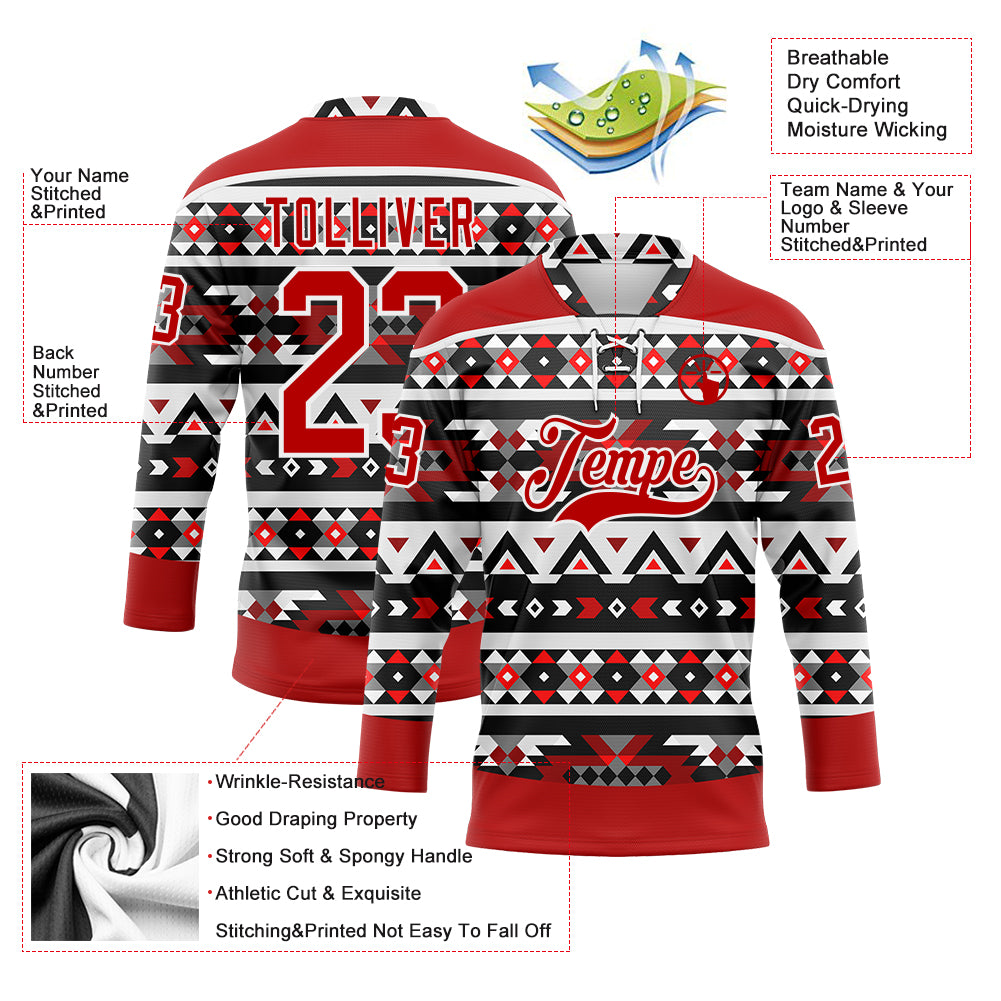 Custom Red Black-White 3D Pattern Native Americans Tribal Indigenous People Hockey Lace Neck Jersey