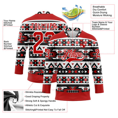 Custom Red Black-White 3D Pattern Native Americans Tribal Indigenous People Hockey Lace Neck Jersey