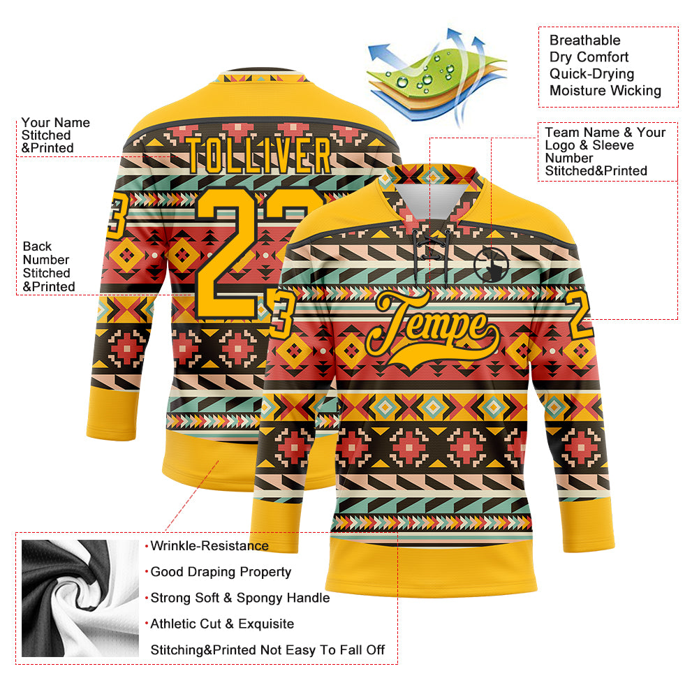 Custom Gold Black 3D Pattern Native Americans Tribal Indigenous People Hockey Lace Neck Jersey