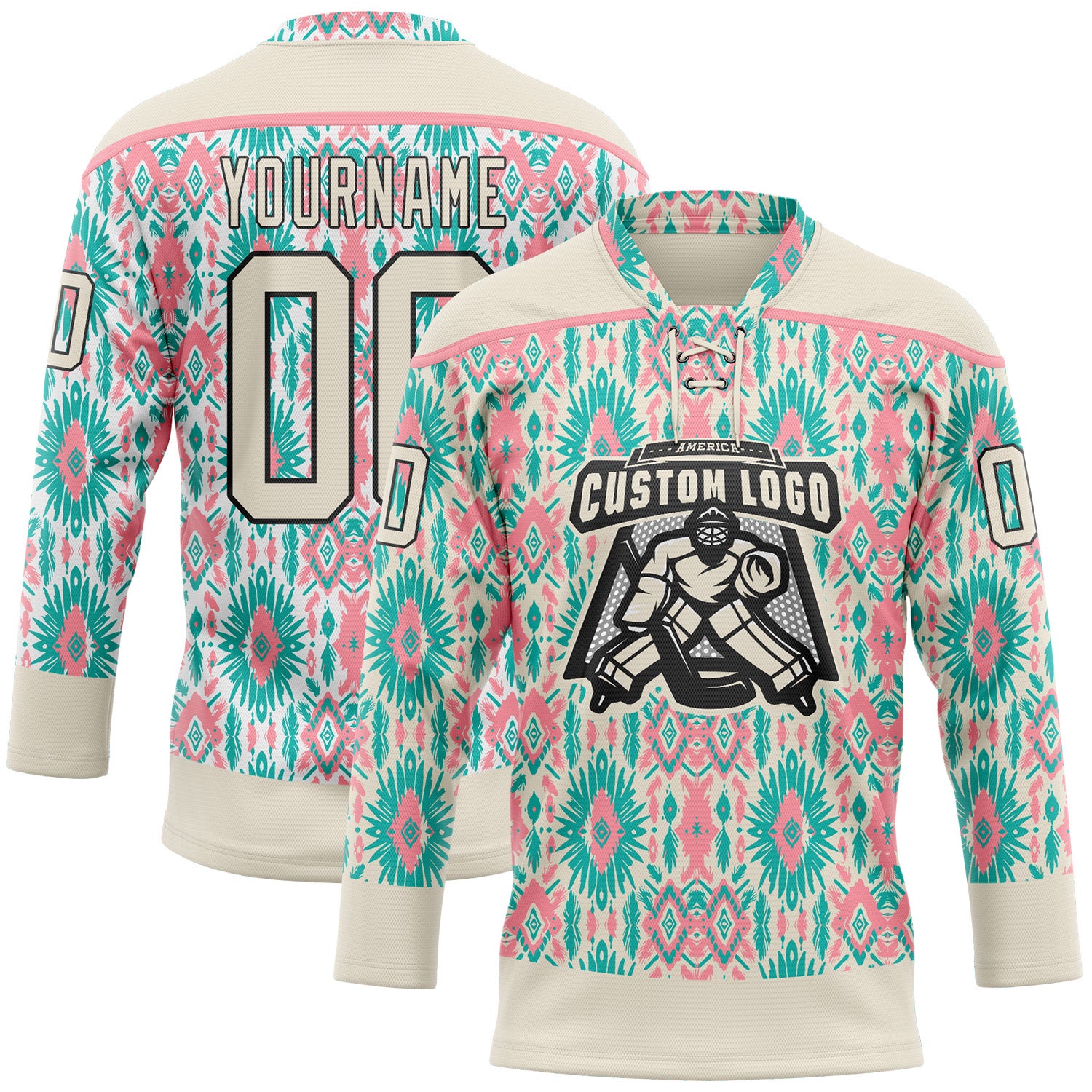 Custom Cream Green Black-Medium Pink 3D Pattern Native Americans Tribal Indigenous People Hockey Lace Neck Jersey