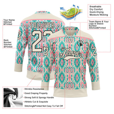 Custom Cream Green Black-Medium Pink 3D Pattern Native Americans Tribal Indigenous People Hockey Lace Neck Jersey