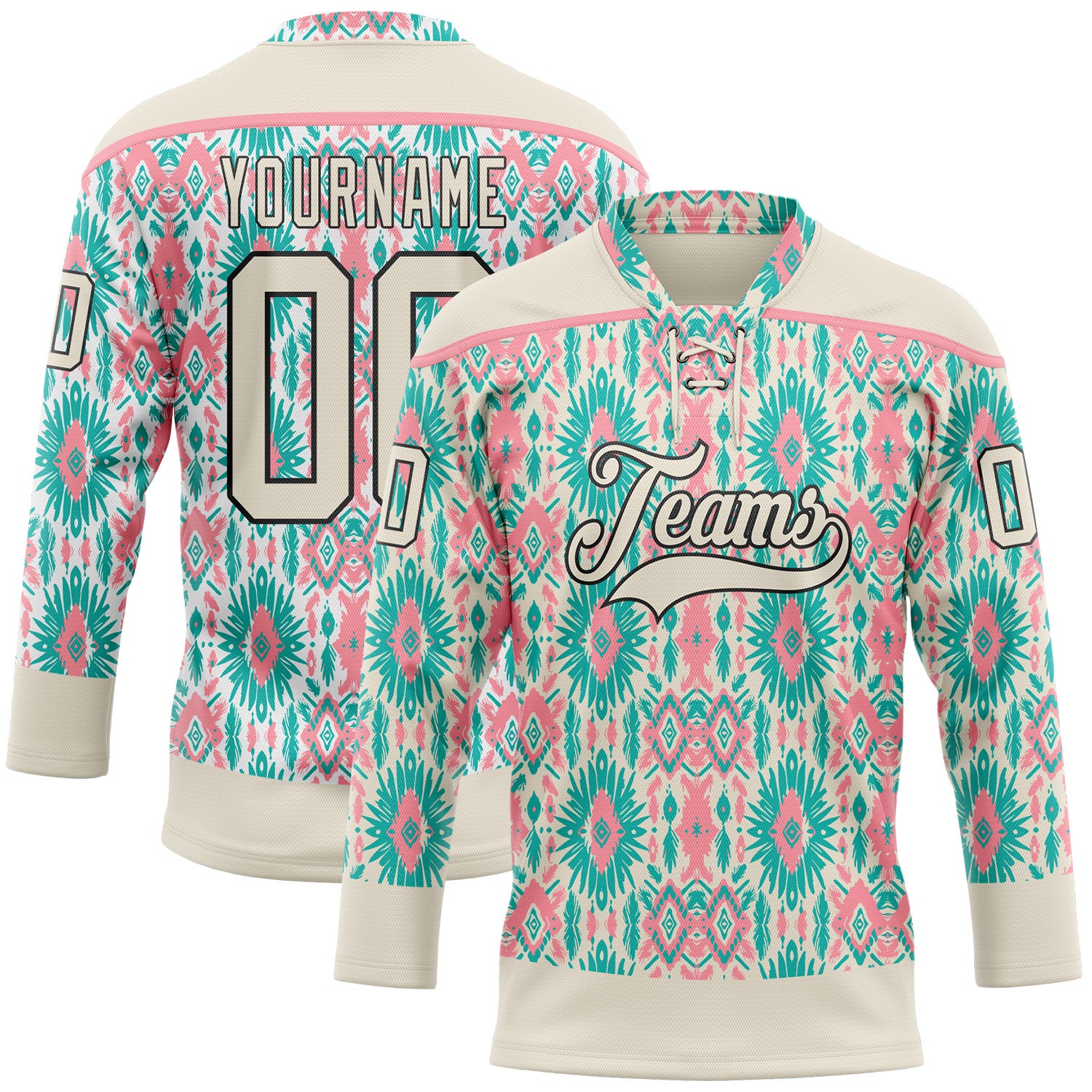Custom Cream Green Black-Medium Pink 3D Pattern Native Americans Tribal Indigenous People Hockey Lace Neck Jersey