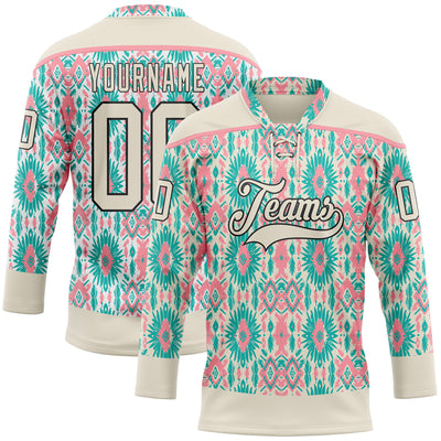 Custom Cream Green Black-Medium Pink 3D Pattern Native Americans Tribal Indigenous People Hockey Lace Neck Jersey