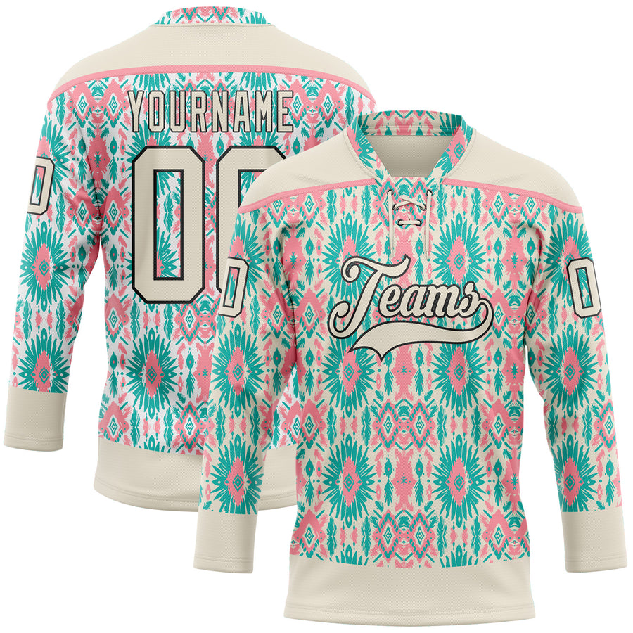 Custom Cream Green Black-Medium Pink 3D Pattern Native Americans Tribal Indigenous People Hockey Lace Neck Jersey