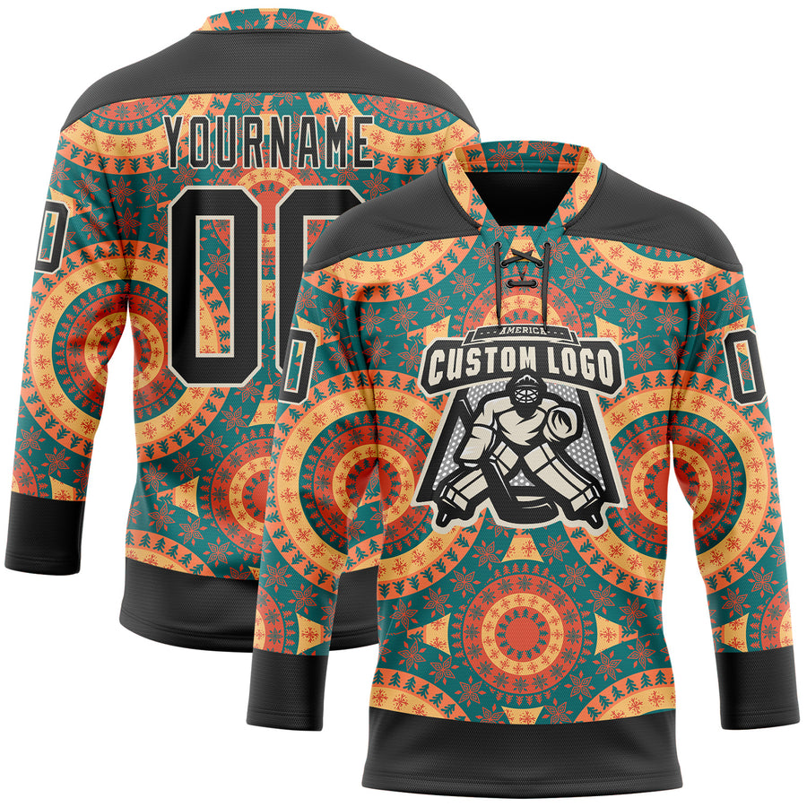 Custom Black Green Orange-Cream 3D Pattern Native Americans Tribal Indigenous People Hockey Lace Neck Jersey