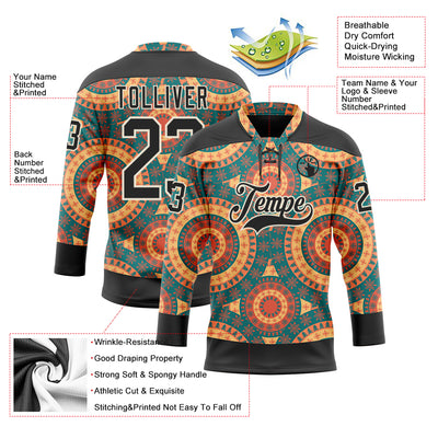 Custom Black Green Orange-Cream 3D Pattern Native Americans Tribal Indigenous People Hockey Lace Neck Jersey