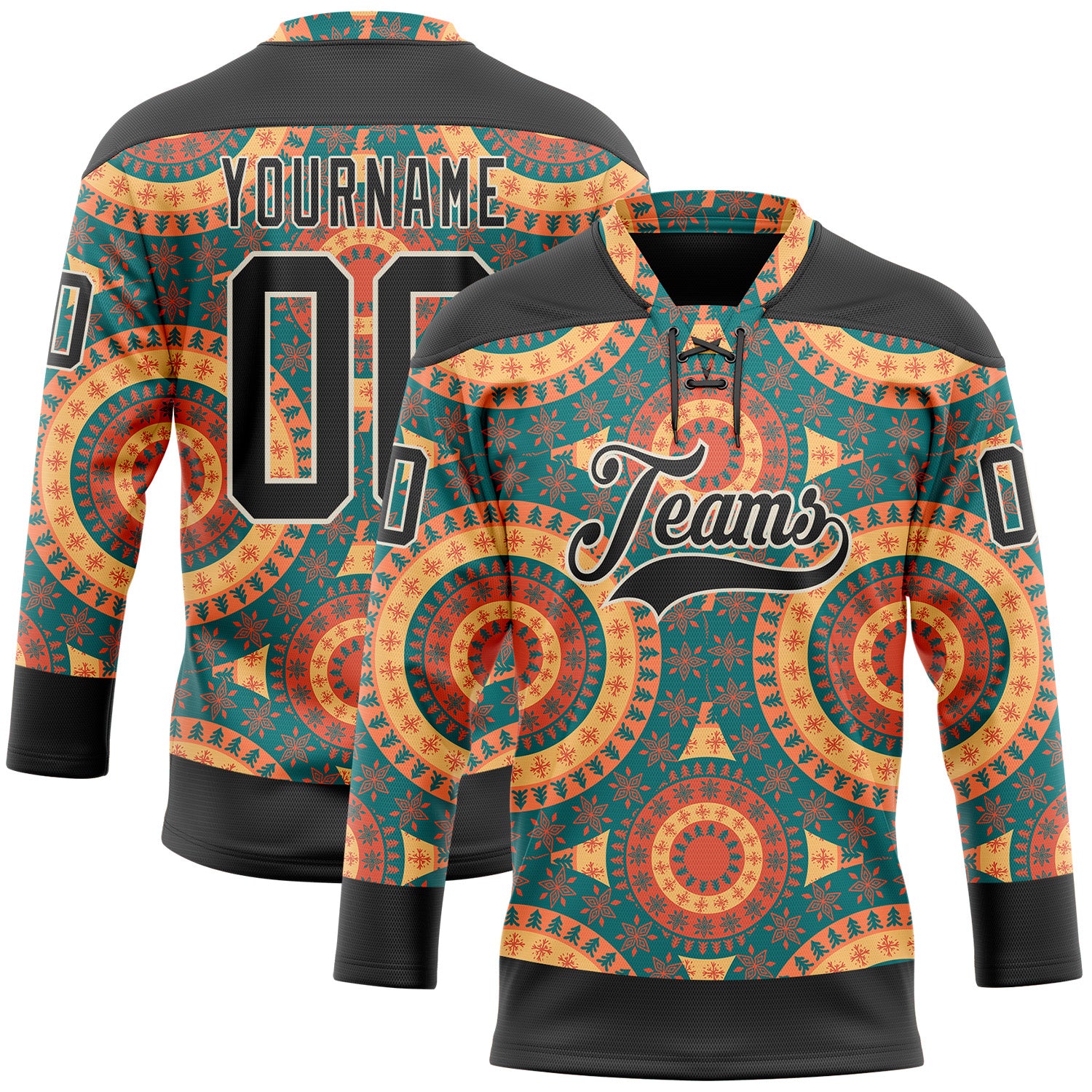 Custom Black Green Orange-Cream 3D Pattern Native Americans Tribal Indigenous People Hockey Lace Neck Jersey