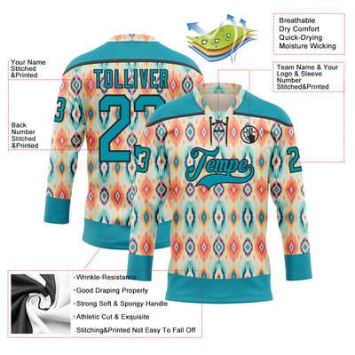 Custom Cream Teal Orange-Black 3D Pattern Native Americans Tribal Indigenous People Hockey Lace Neck Jersey
