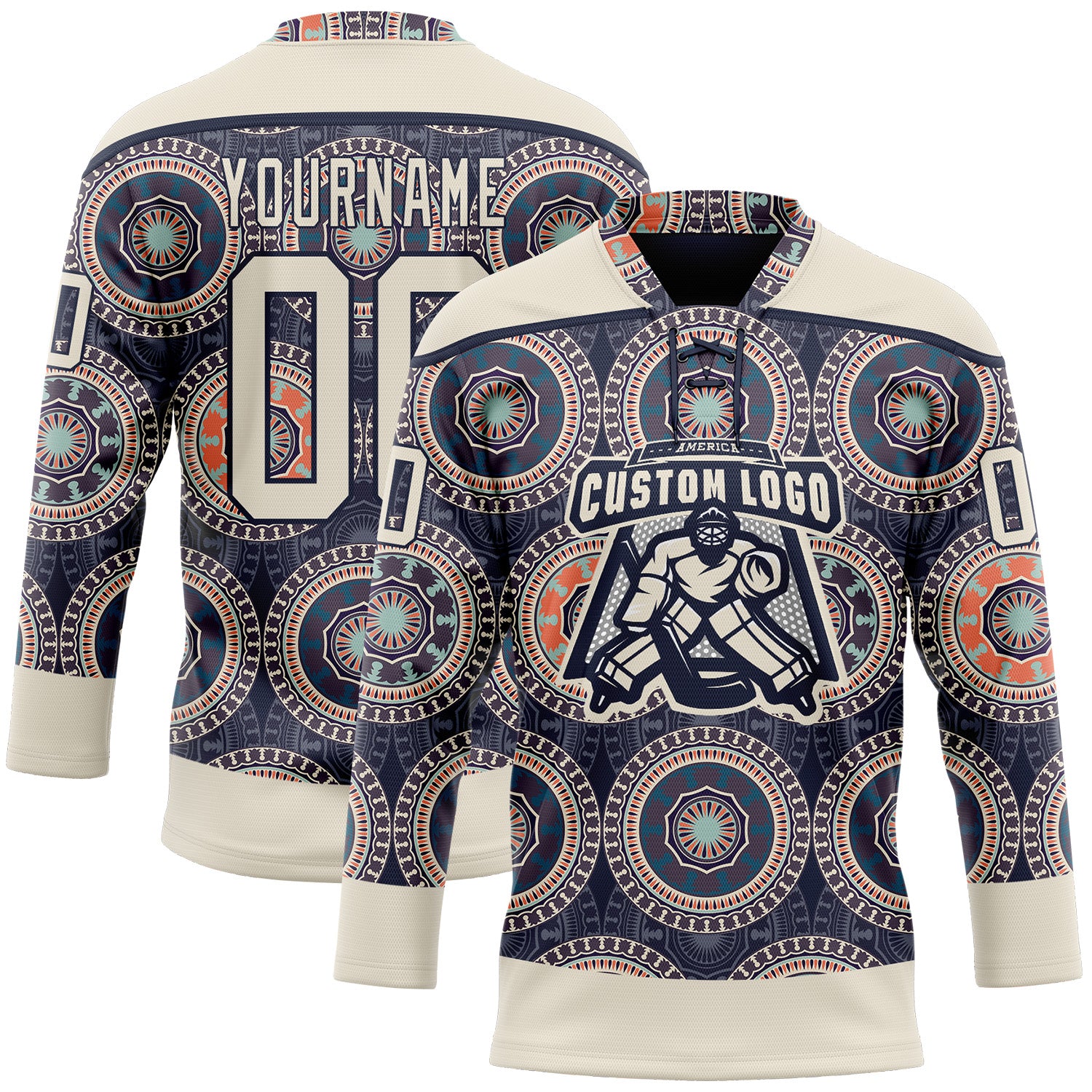 Custom Navy Cream-Orange 3D Pattern Native Americans Tribal Indigenous People Hockey Lace Neck Jersey