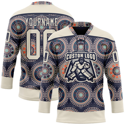 Custom Navy Cream-Orange 3D Pattern Native Americans Tribal Indigenous People Hockey Lace Neck Jersey