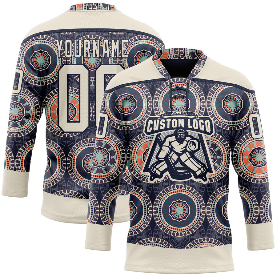 Custom Navy Cream-Orange 3D Pattern Native Americans Tribal Indigenous People Hockey Lace Neck Jersey