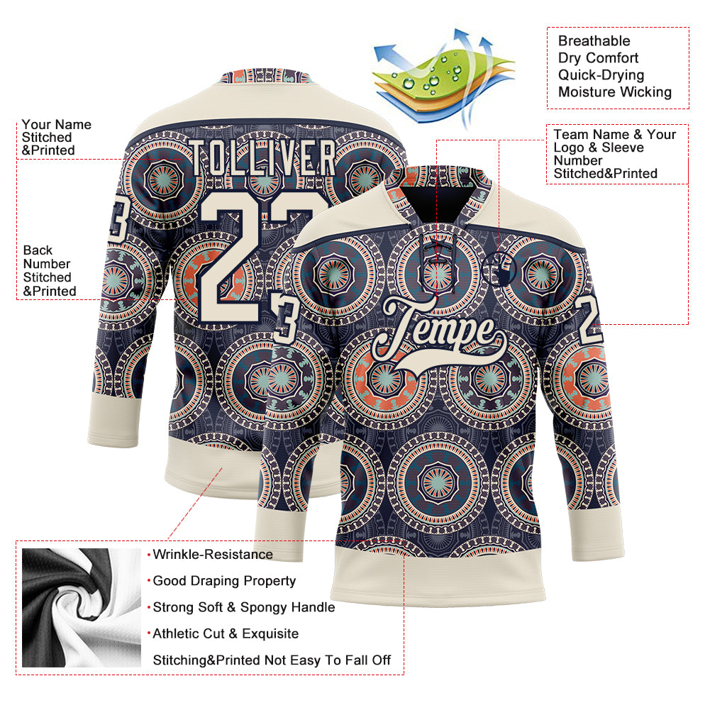Custom Navy Cream-Orange 3D Pattern Native Americans Tribal Indigenous People Hockey Lace Neck Jersey