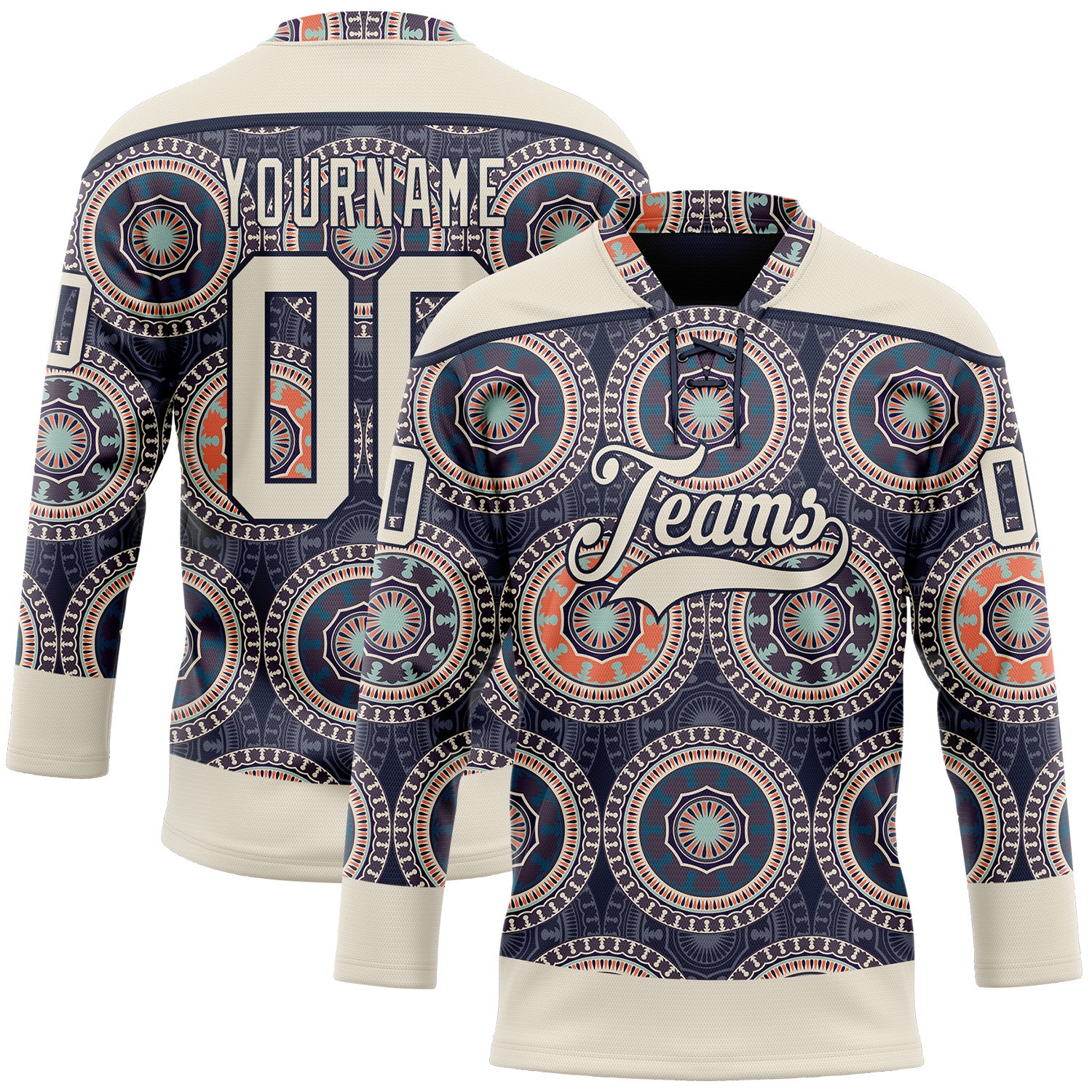 Custom Navy Cream-Orange 3D Pattern Native Americans Tribal Indigenous People Hockey Lace Neck Jersey