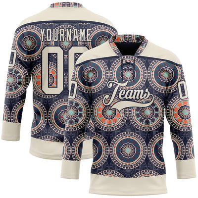 Custom Navy Cream-Orange 3D Pattern Native Americans Tribal Indigenous People Hockey Lace Neck Jersey