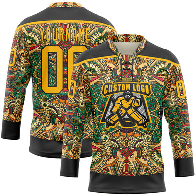 Custom Black Gold 3D Pattern Native Americans Tribal Indigenous People Hockey Lace Neck Jersey