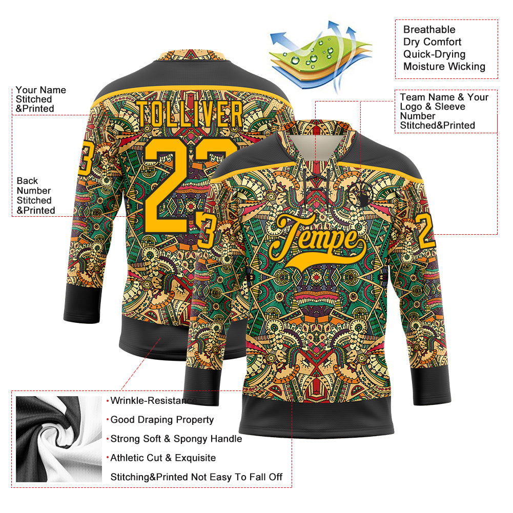 Custom Black Gold 3D Pattern Native Americans Tribal Indigenous People Hockey Lace Neck Jersey