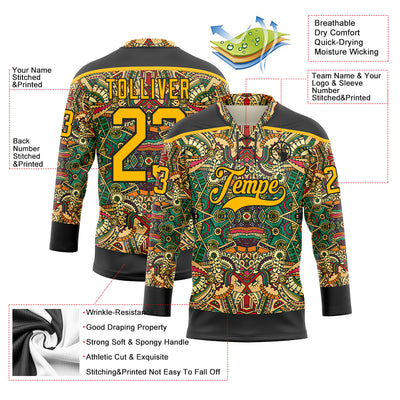 Custom Black Gold 3D Pattern Native Americans Tribal Indigenous People Hockey Lace Neck Jersey