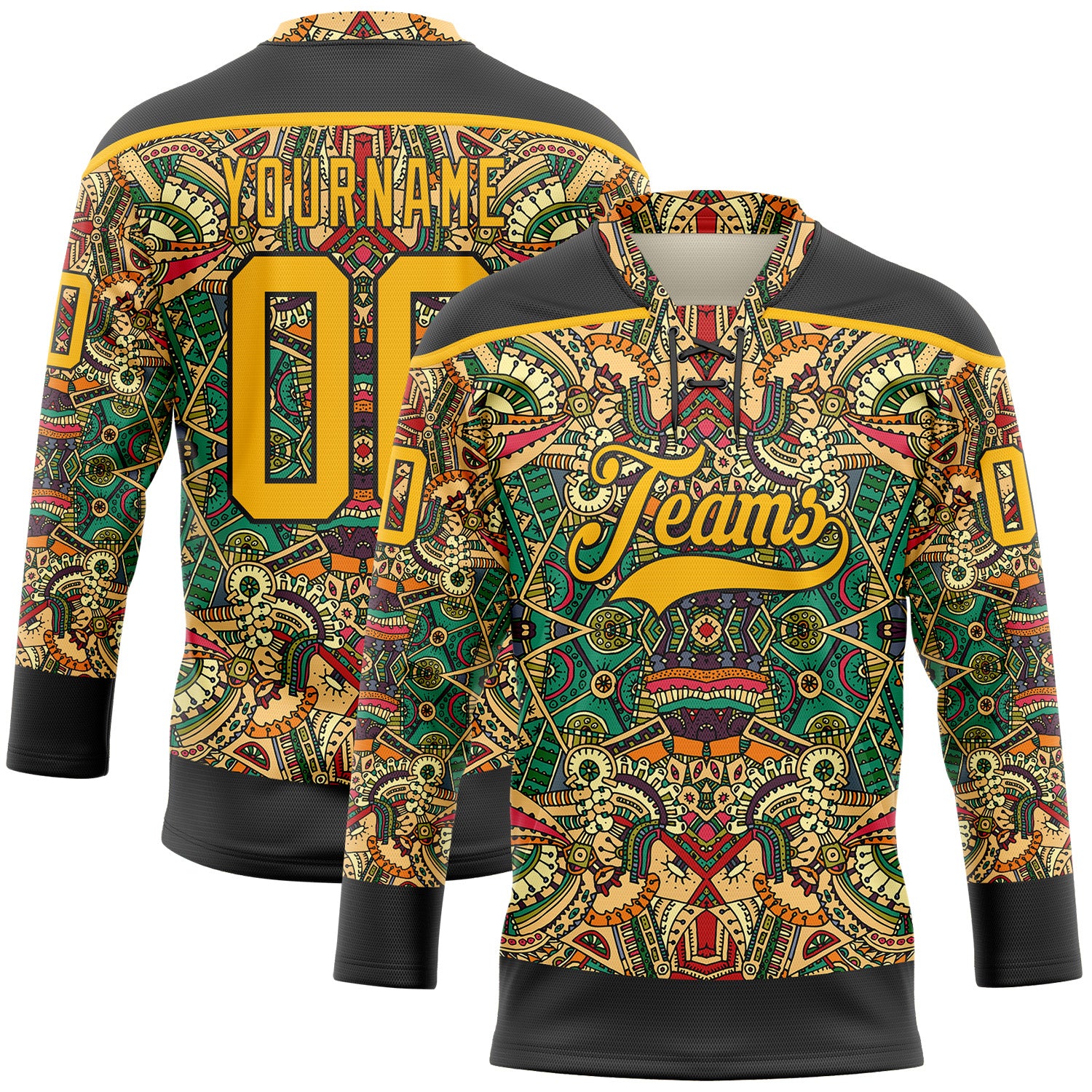 Custom Black Gold 3D Pattern Native Americans Tribal Indigenous People Hockey Lace Neck Jersey