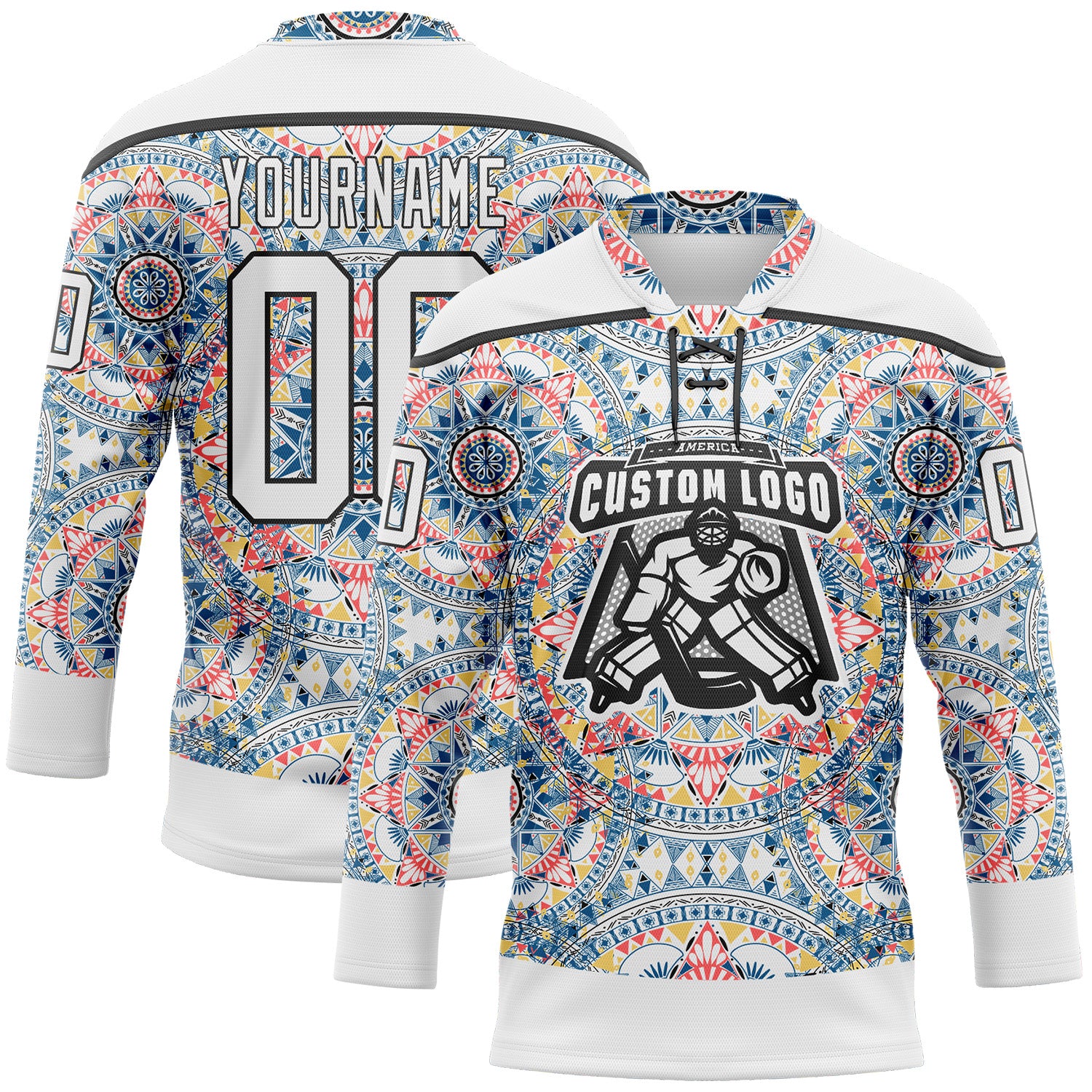 Custom White Black 3D Pattern Native Americans Tribal Indigenous People Hockey Lace Neck Jersey