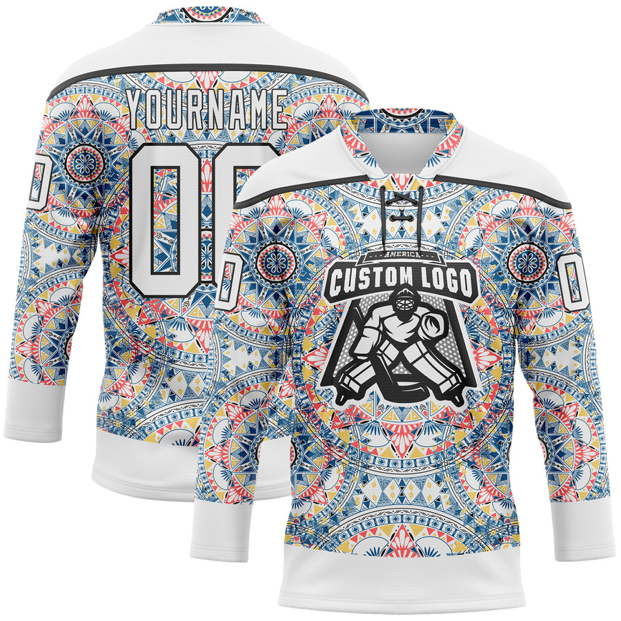 Custom White Black 3D Pattern Native Americans Tribal Indigenous People Hockey Lace Neck Jersey
